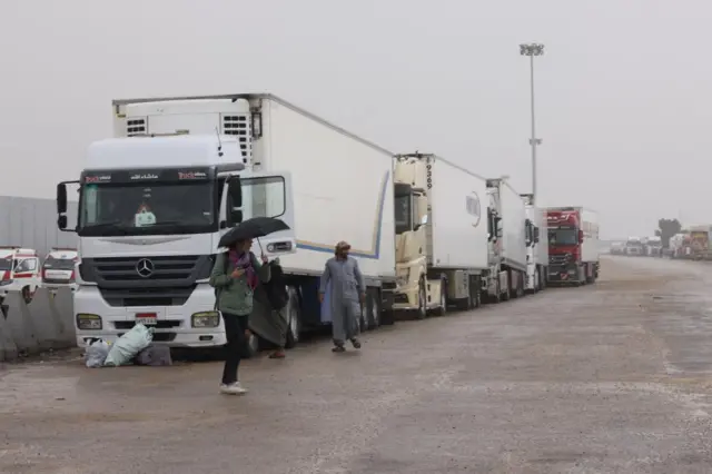 A line of lorries waiting to get into Gaza