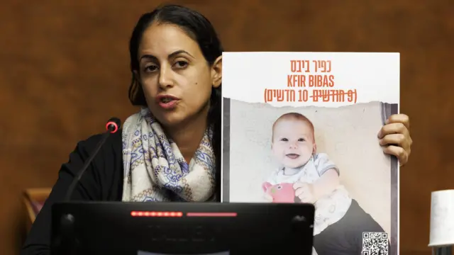 Ofri Bibas Levy, sister of Yarden Bibas held hostage in Gaza with his wife (Shiri) and two children (Kfir and Ariel), during a press conference about the hostages held in Gaza since the Israel Hamas war, at the European headquarters of the United Nations in Geneva, Switzerland 14 November 2023. Israeli FM presser at UN, Geneva, Switzerland - 14 Nov 2023