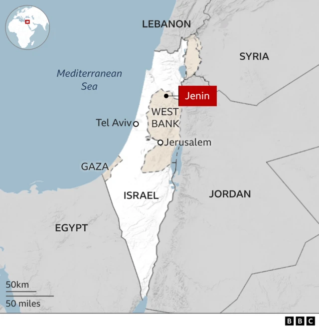 A general map of Israel and the Palestinian territories, with Jenin in the West Bank highlighted