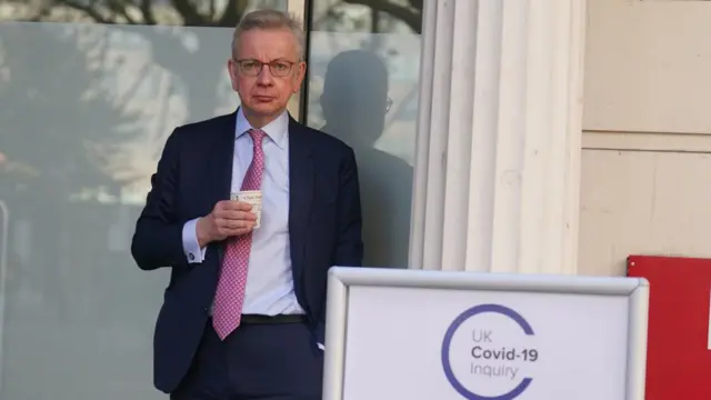 Secretary of State for Levelling Up Michael Gove, formerly the Chancellor of the Duchy of Lancaster, stands outside Dorland House in London during a break in his evidence to the UK Covid-19 Inquiry in its second investigation (Module 2) exploring core UK decision-making and political governance.