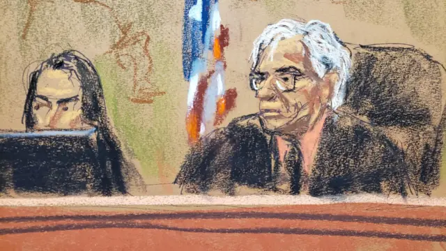 Judge Engoron and his court clerk, as drawn by courtroom artist Jane Rosenberg