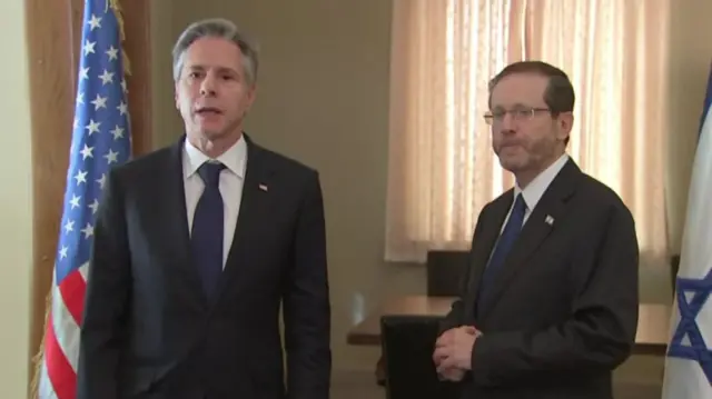 Antony Blinken and Isaac Herzog speak to press in Tel Aviv