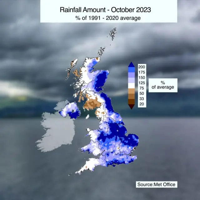 Graphic showing rainfall levels across the UK in October