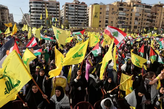 Crowds gather waving flags