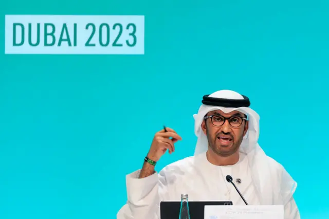 COP28 president Sultan Ahmed Al Jaber speaks during the opening press conference of the United Nations climate summit in Dubai on November 30, 2023