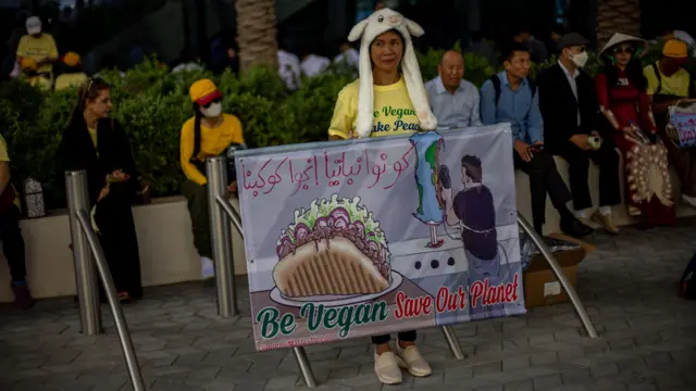 A woman in a yellow top and a bunny rabbit fluffy hat holds up a sign saying "Be vegan, save our planet"