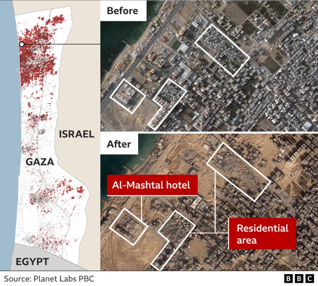 Satellite images being compared showing a hotel being razed to the ground