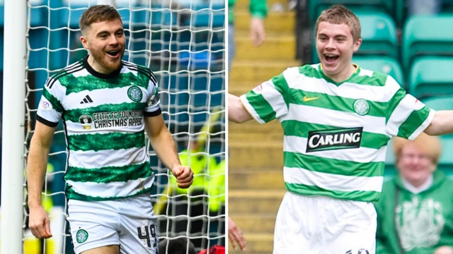 A split graphic of James Forrest in 2023 and 2010