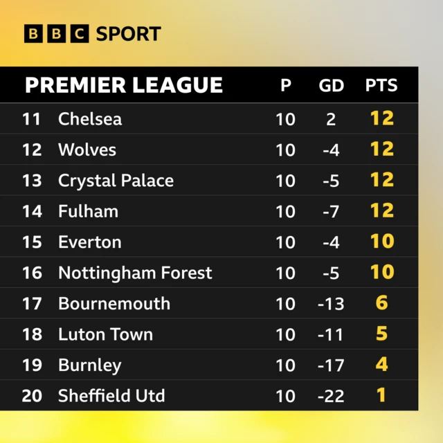 Bottom half of the Premier League table