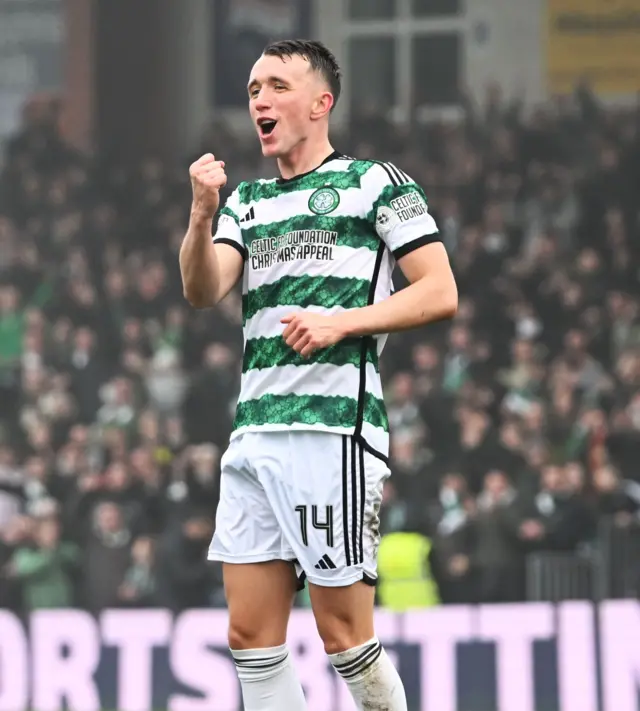 David Turnbull celebrates after scoring for Celtic against Ross County