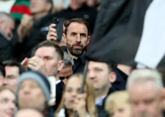 Gareth Southgate sits in the stands waving his phone in front of him.