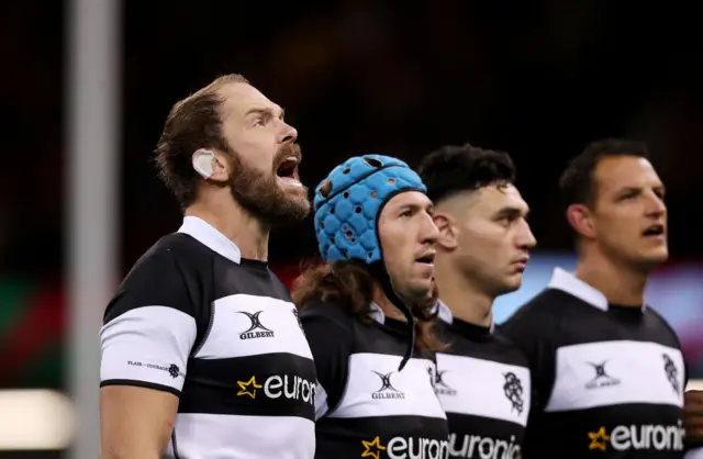 Barbarians Alun Wyn Jones and Justin Tipuric sing the Welsh national anthem