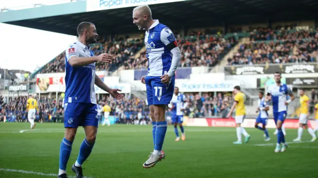 Jevani Brown celebrates scoring for Bristol Rovers