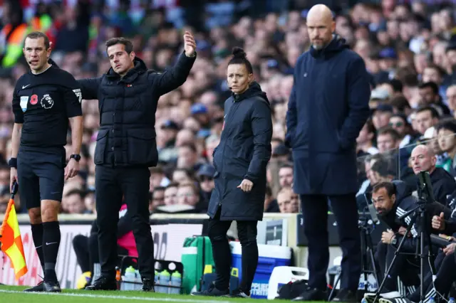 Fulham manager Marco Silva holds up his hands in frustration as Erik ten Hag looks on