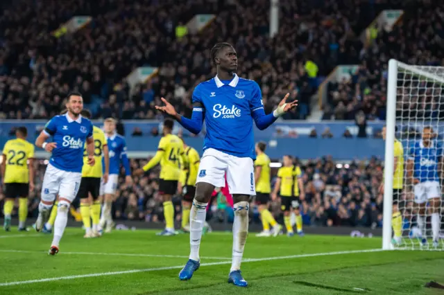 Onana celebrates his goal v Burnley by holding his arms out and pulling a 'can you believe it' face