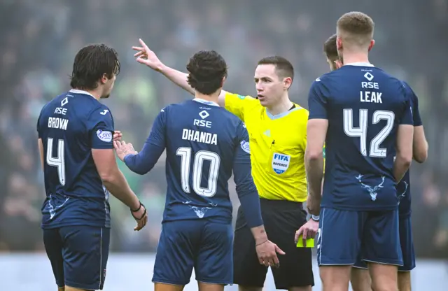 Ross County defender James Brown is sent off by referee David Munro