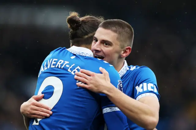 Vitalii Mykolenko celebrates scoring