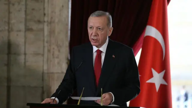 Turkish President Recep Tayyip Erdogan speaks during his visit at Anitkabir