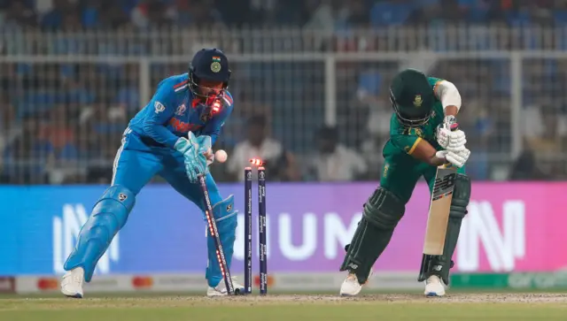 emba Bavuma of South Africa is bowled by Ravi Jadeja of India during the ICC Men's Cricket World Cup India 2023