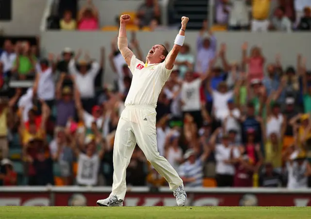 Peter Siddle of Australia celebrates after claiming a hat trick by dismissing Stuart Broad of England during day one of the First Ashes Test match between Australia and England