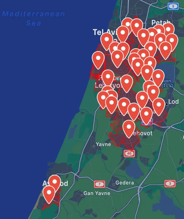 Map showing location of air raid sirens in israel