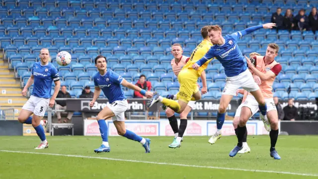 Tom Naylor heads in a goal for Chesterfield