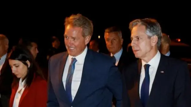 Blinken (right) was greeted by US Ambassador to Turkey Jeff Flake in Ankara