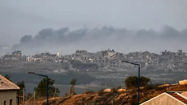 Smoke seen rising in Gaza this morning, viewed from the Israeli town of Sderot close to the border