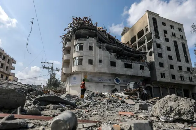 A damaged Palestine Telecommunications Company (Paltel) building in Gaza City, as seen on 10 October