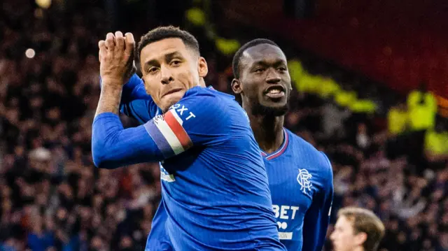 Rangers captain James Tavernier pulls out the trademark golfswing celebration