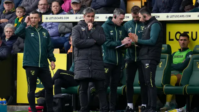 Norwich manager stands with his hand on his chin in the dugout