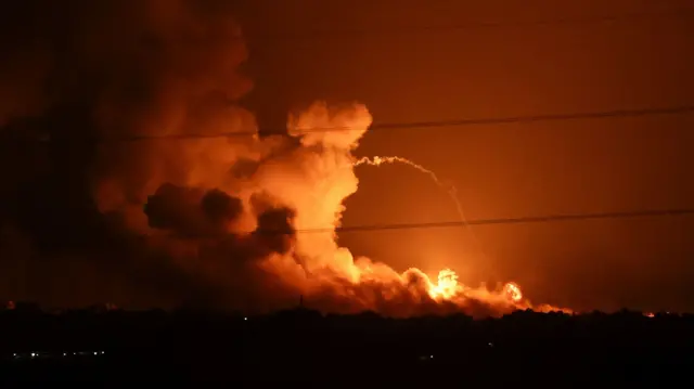 Smoke and flames rise during Israeli strikes in the Gaza Strip amid the ongoing conflict between Israel and the Palestinian Islamist group Hamas, as seen from the Israeli side of the border with Gaza, in southern Israel, November 5, 2023.