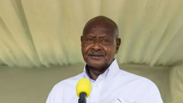 Uganda's President Yoweri Museveni speaks during a joint press conference with Russia's Foreign Minister Sergei Lavrov at the State House in Entebbe, Uganda, on July 26, 2022.