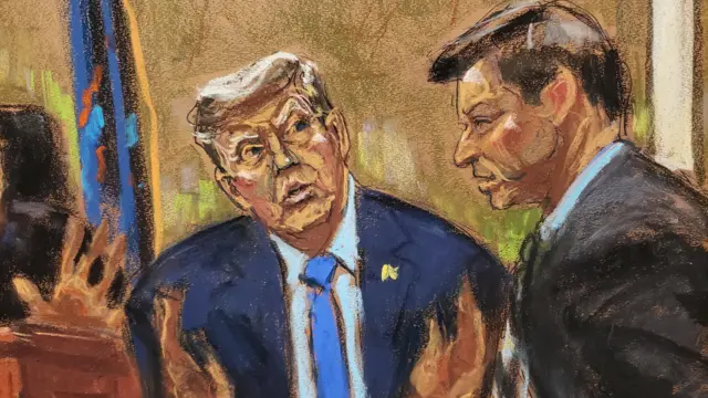 Former U.S. President Donald Trump is questioned by Kevin Wallace of the New York Attorney General's Office, during the Trump Organization civil fraud trial in New York State Supreme Court in the Manhattan borough of New York City, U.S., November 6, 2023 in this courtroom sketch. REUTERS/Jane Rosenberg