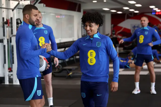 Kyle Walker and Rico Lewis in training with England