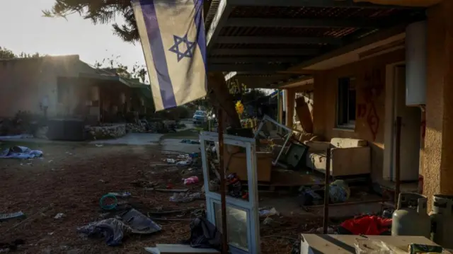 Damage in Kibbutz Kfar Aza following the deadly attack by Hamas on 7 October