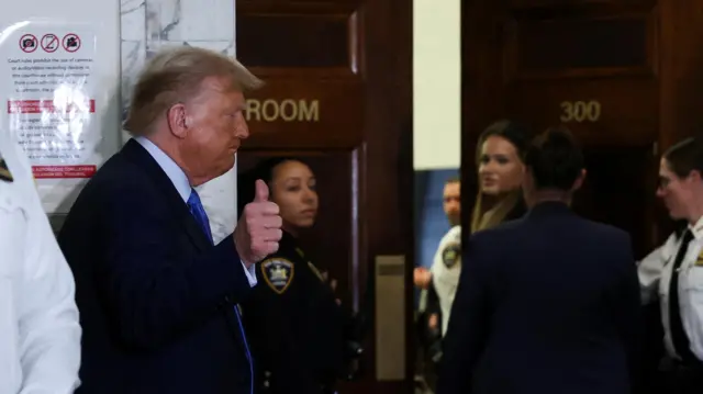 Former US President Donald Trump arrives from a break to attend the Trump Organization civil fraud trial, in New York State Supreme Court in the Manhattan borough of New York City, U.S., November 6, 2023