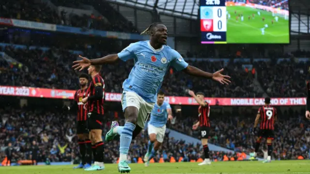 Jeremy Doku celebrates scoring against Bournemouth