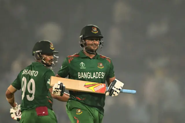 Shakib Al Hasan and Najmul Hossain Shanto run between the wickets