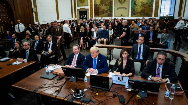 Wide shot of courtroom, with Donald Trump and his lawyers sitting at table closest to camera