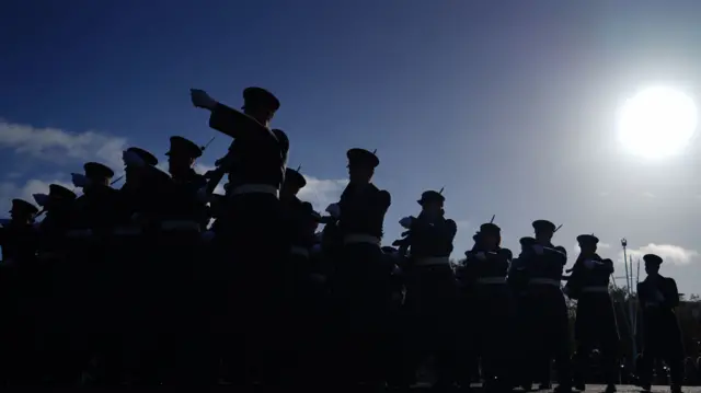 A view of soldiers marching on The Mall, London