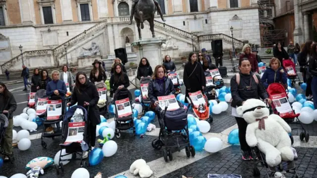 Women push empty strollers symbolising hostages and missing children, as the Jewish community gathers one month on from the October 7th attack by the Palestinian Islamist group Hamas, at the Campidoglio (Capitoline Hill) in Rome, Italy, November 7, 2023.