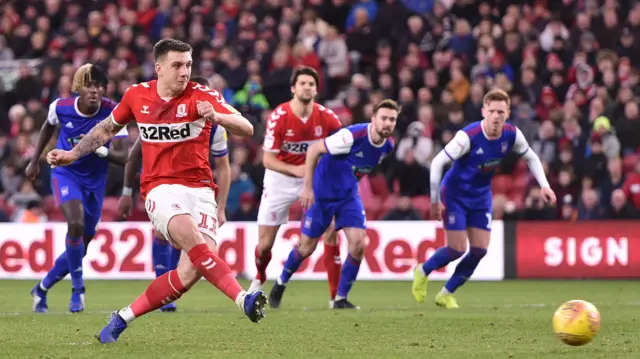 Jordan Hugill scores for Middlesbrough against Ipswich in 2018