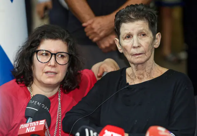 85-year-old Israeli Yochaved Lifshitz (R), taken hostage in the cross-border attack by Hamas, gives a press conference at Ichilov Hospital, in Tel Aviv, Israel on October 24, 2023.