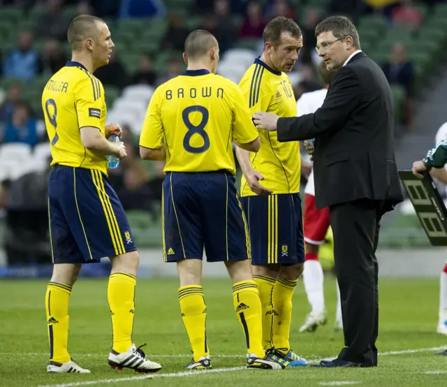 Imparting advice to Kenny Miller, Scott Brown and Charlie Adam whilst Scotland boss