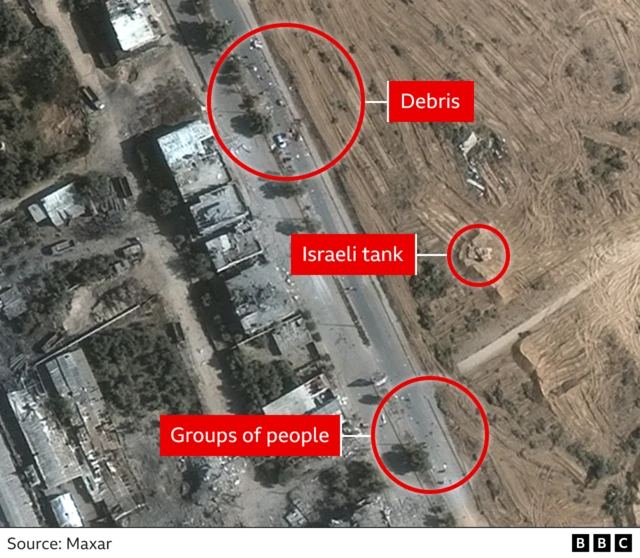 A satellie image of the Salah al-Din Road. The image is annotated showing "groups of people" an "Israeli tank" and "debris"