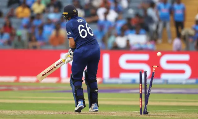 Joe Root of England is bowled by Logan van Beek of Netherlands