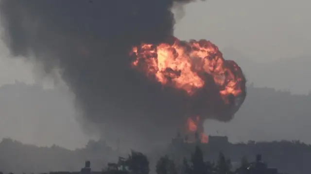 Smoke rises in the northern Gaza Strip following an Israeli airstrike, amid the ongoing conflict between Israel and Palestinian Islamist group Hamas, as seen from southern Israel, November 8, 2023.