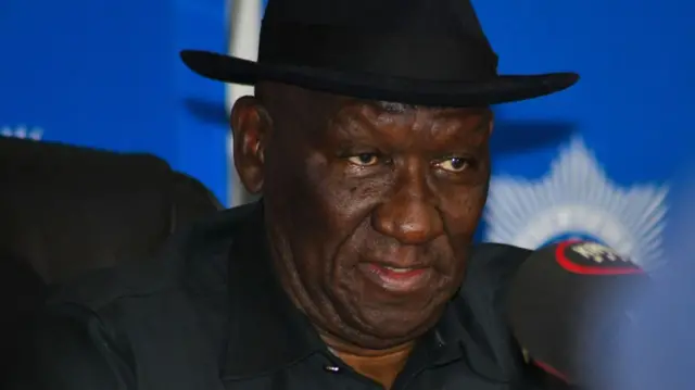 Bheki Cele briefs the nation on response to criminality targeting trucks in various provinces at SAPS Tshwane College on July 12, 2023 in Pretoria, South Africa.