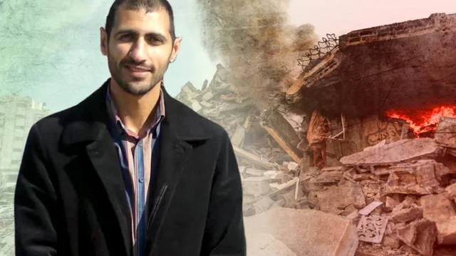 A collage of images showing Mahmoud Shaheen superimposed on a picture of his bomed neighbourhood